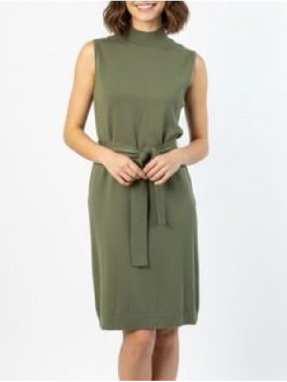 Magaschoni Olive Green Mock Neck Knit Belted Dress